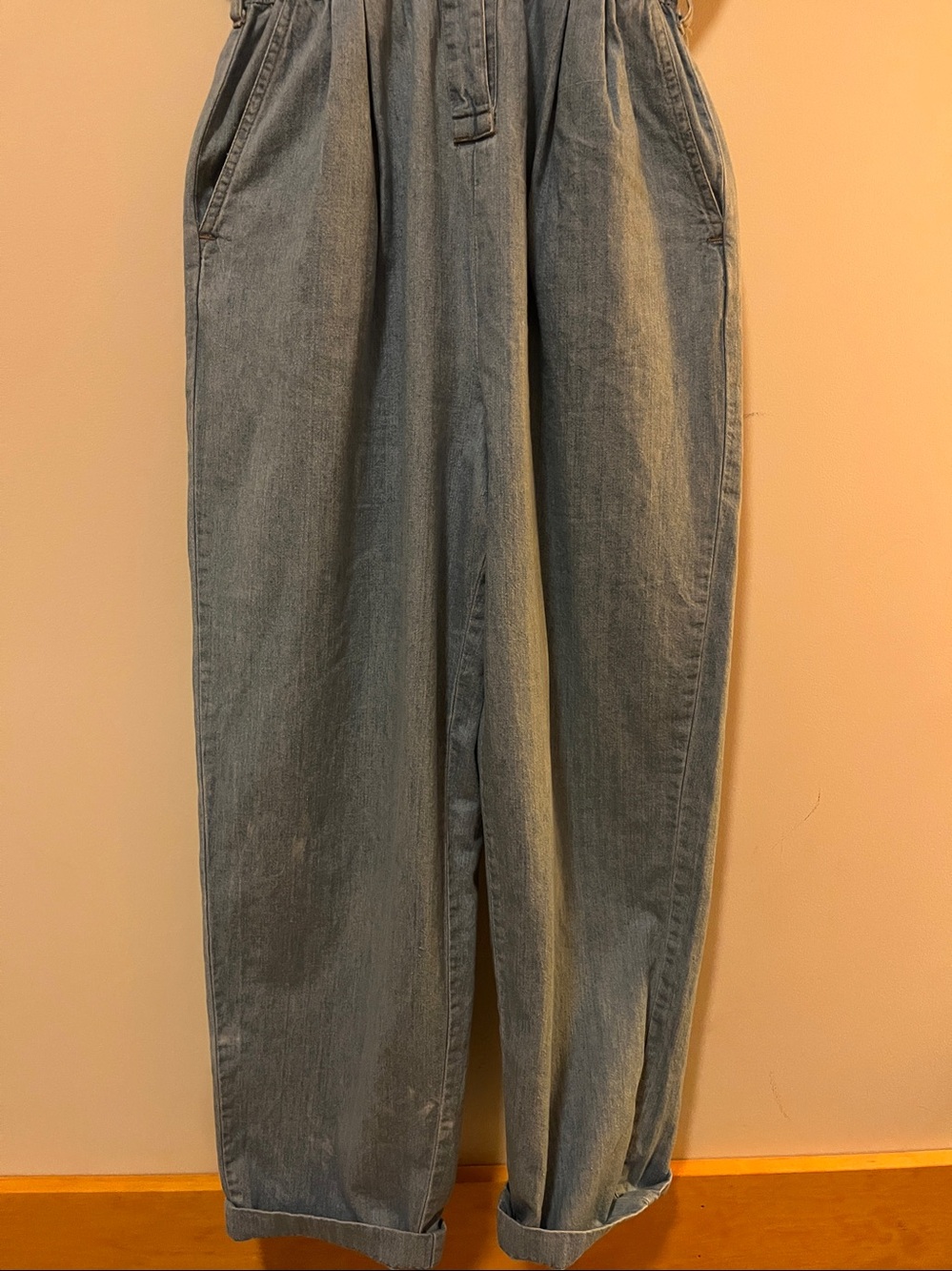 Vintage Light Blue Denim Jumpsuit with Striped Pocket Accents - Picture 3 of 7
